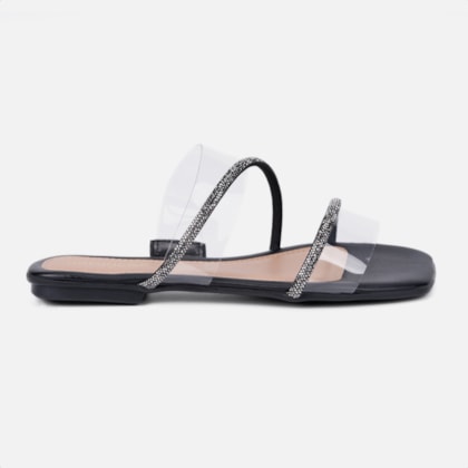 Sandália Feminina Rasteirinha Tira De Vinil Strass Brilhante Preto