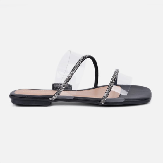 Sandália Feminina Rasteirinha Tira De Vinil Strass Brilhante Preto