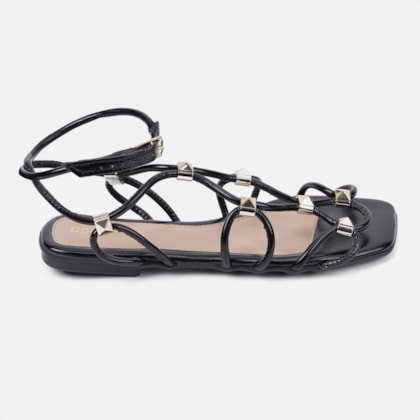 Sandália Feminina Rasteirinha Tiras Cruzadas Pedrarias Spikes Preto