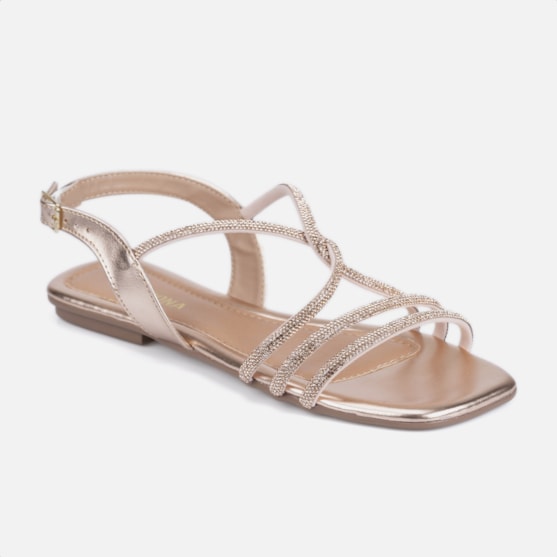 Segunda imagem do produto Sandália Feminina Rasteirinha Tiras De Strass Entrelaçada Moda Cobre