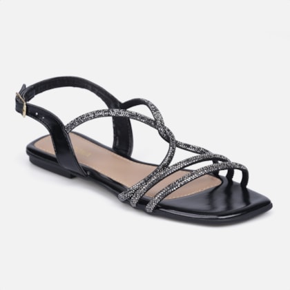 Segunda imagem do produto Sandália Feminina Rasteirinha Tiras De Strass Entrelaçada Moda Preto