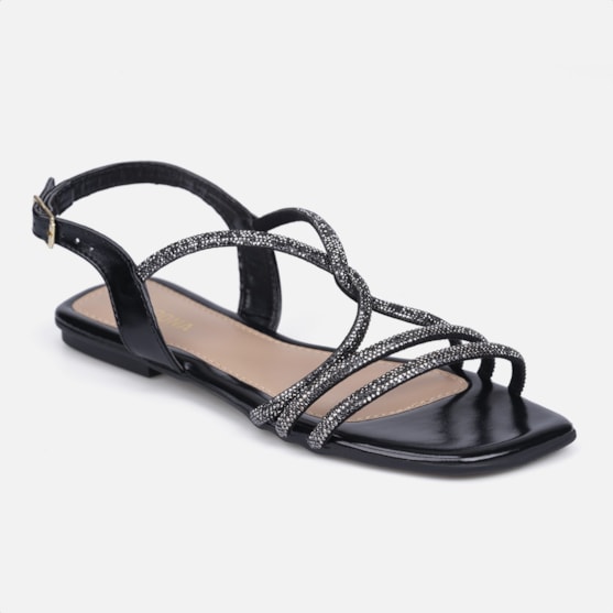 Segunda imagem do produto Sandália Feminina Rasteirinha Tiras De Strass Entrelaçada Moda Preto