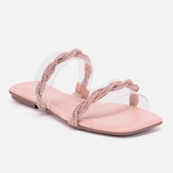 Segunda imagem do produto Sandália Feminina Rasteirinha Tiras De Vinil Com Strass Moda Nude