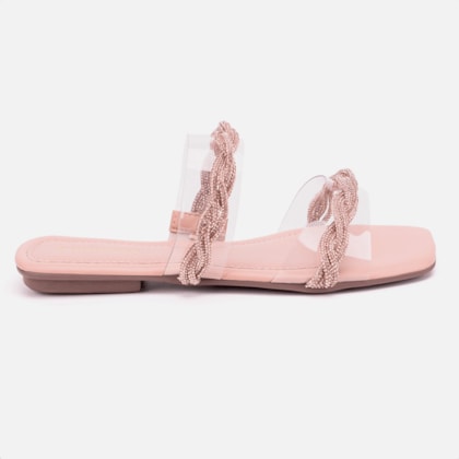 Sandália Feminina Rasteirinha Tiras De Vinil Com Strass Moda Nude