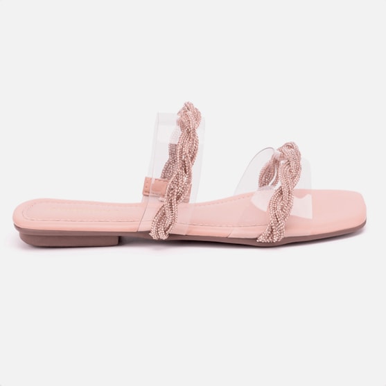 Sandália Feminina Rasteirinha Tiras De Vinil Com Strass Moda Nude