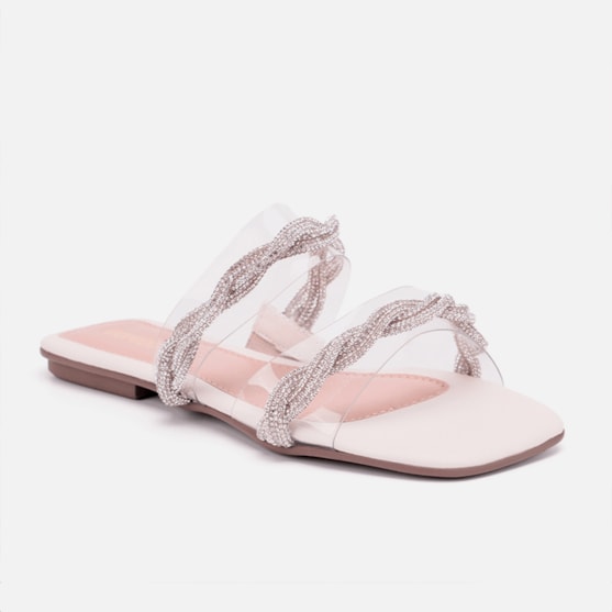 Segunda imagem do produto Sandália Feminina Rasteirinha Tiras De Vinil Com Strass Moda Off White