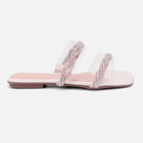 Sandália Feminina Rasteirinha Tiras De Vinil Com Strass Moda Off White