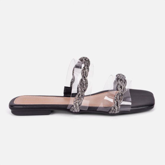 Sandália Feminina Rasteirinha Tiras De Vinil Com Strass Moda Preto
