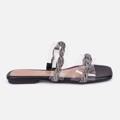 Sandália Feminina Rasteirinha Tiras De Vinil Com Strass Moda Preto