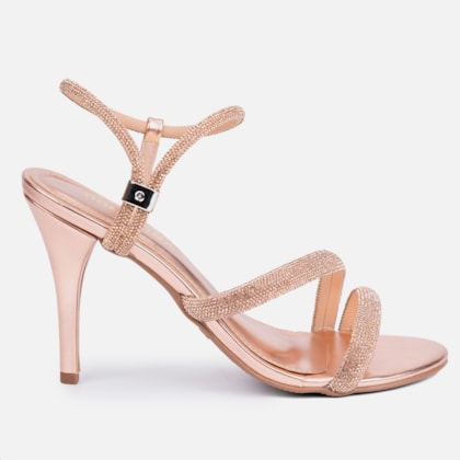 Sandália Feminina Salto Alto Fino Calce Fácil Strass Cobre