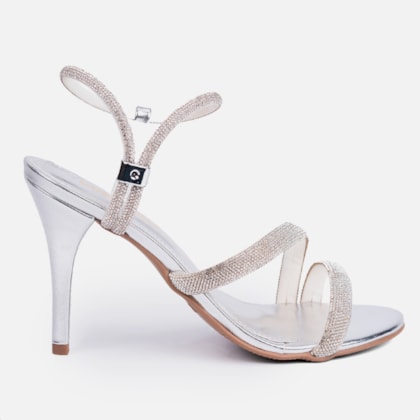 Sandália Feminina Salto Alto Fino Calce Fácil Strass Prata