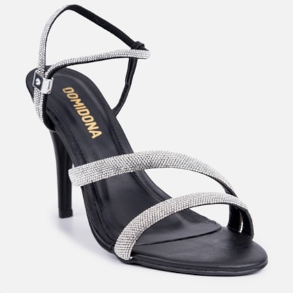 Segunda imagem do produto Sandália Feminina Salto Alto Fino Calce Fácil Strass Preto