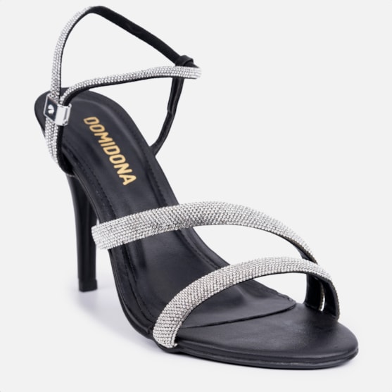 Segunda imagem do produto Sandália Feminina Salto Alto Fino Calce Fácil Strass Preto