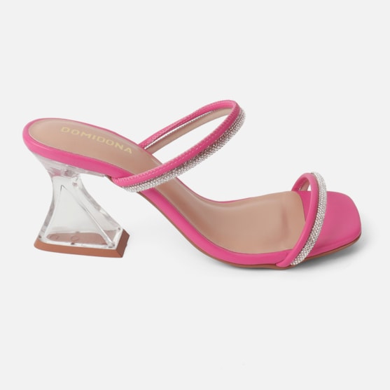 Sandália Feminina Salto Alto Transparente Tiras De Strass Pink