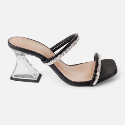Sandália Feminina Salto Alto Transparente Tiras De Strass Preta