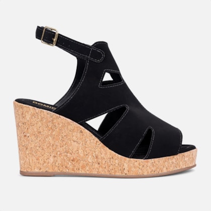 Sandália Feminina Salto Amadeirado Estilo Anabela Preta