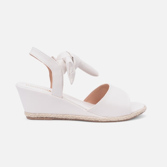 Sandália Feminina Salto Anabela Tira Laço No Tornozelo Off White
