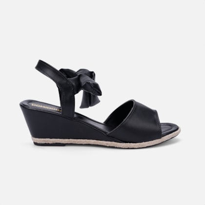 Sandália Feminina Salto Anabela Tira Laço No Tornozelo Preta