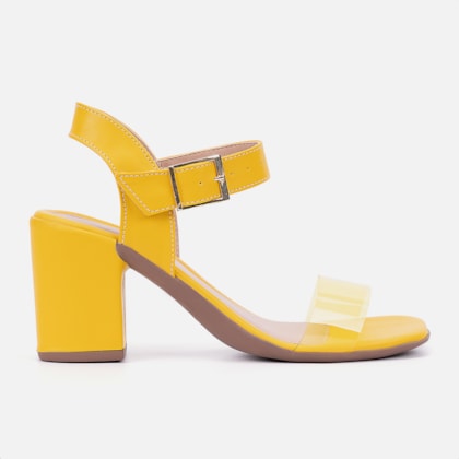 Sandália Feminina Salto Bloco Bico Quadrado Transparente Amarelo
