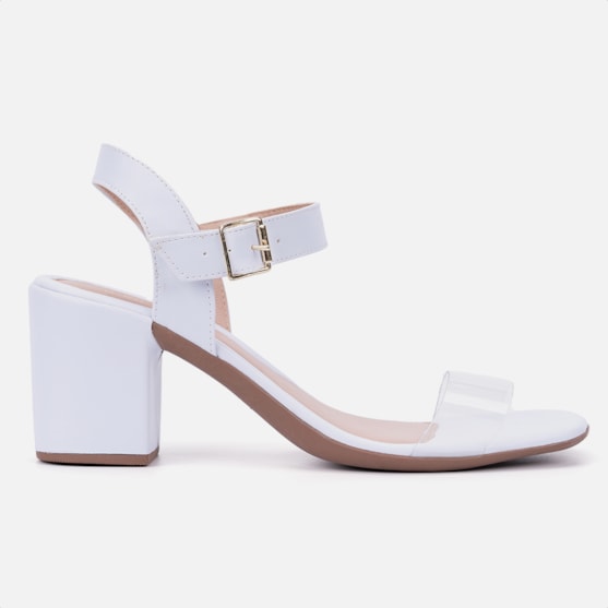 Sandália Feminina Salto Bloco Bico Quadrado Transparente Branco