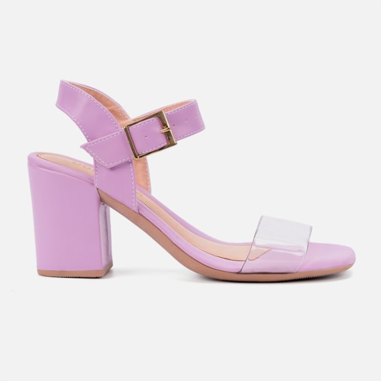 Sandália Feminina Salto Bloco Bico Quadrado Transparente Lilás