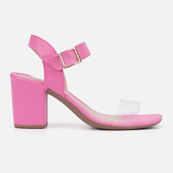 Sandália Feminina Salto Bloco Bico Quadrado Transparente Pink