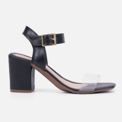 Sandália Feminina Salto Bloco Bico Quadrado Transparente Preto