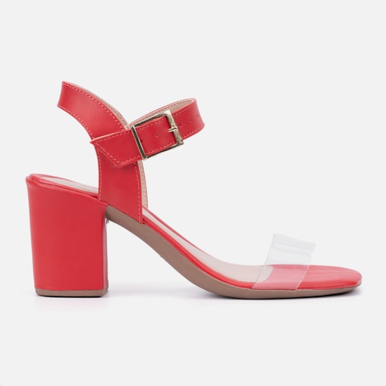 Sandália Feminina Salto Bloco Bico Quadrado Transparente Vermelho