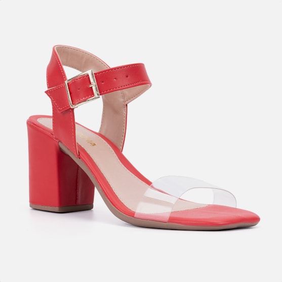 Segunda imagem do produto Sandália Feminina Salto Bloco Bico Quadrado Transparente Vermelho