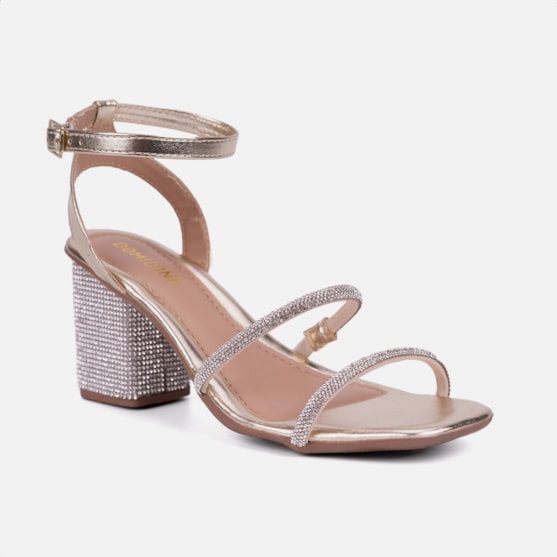 Segunda imagem do produto Sandália Feminina Salto Bloco Com Strass Tiras Brilhantes Dourada
