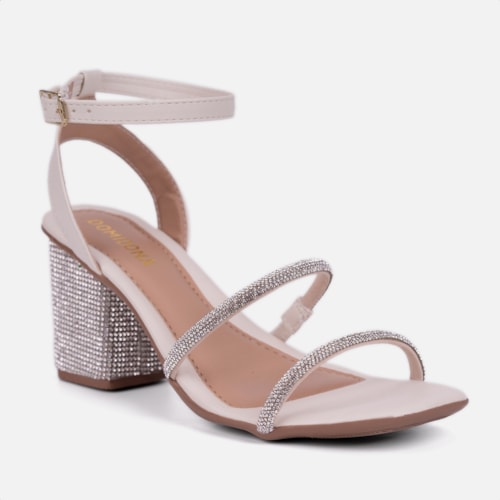 Sandália Feminina Salto Bloco Com Strass Tiras Brilhantes Off White