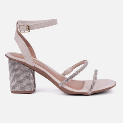 Sandália Feminina Salto Bloco Com Strass Tiras Brilhantes Off White