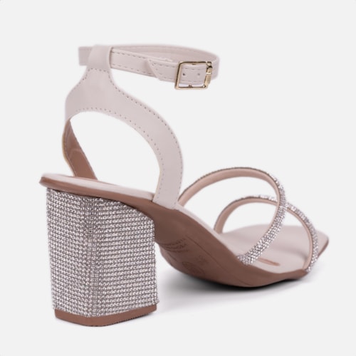 Sandália Feminina Salto Bloco Com Strass Tiras Brilhantes Off White
