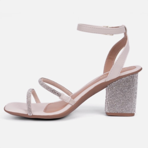 Sandália Feminina Salto Bloco Com Strass Tiras Brilhantes Off White