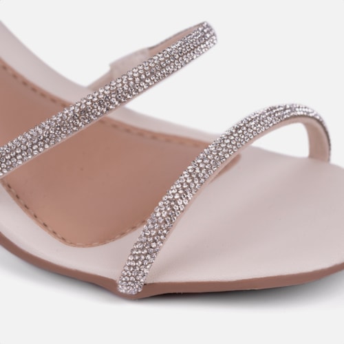 Sandália Feminina Salto Bloco Com Strass Tiras Brilhantes Off White