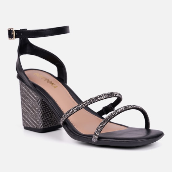 Segunda imagem do produto Sandália Feminina Salto Bloco Com Strass Tiras Brilhantes Preta