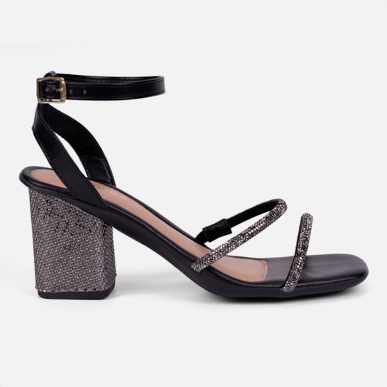 Sandália Feminina Salto Bloco Com Strass Tiras Brilhantes Preta