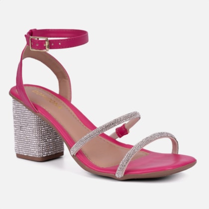 Segunda imagem do produto Sandália Feminina Salto Bloco Com Strass Tiras Brilhantes Rosa