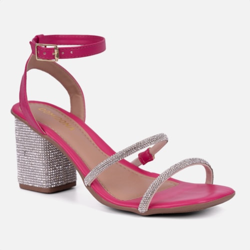 Sandália Feminina Salto Bloco Com Strass Tiras Brilhantes Rosa