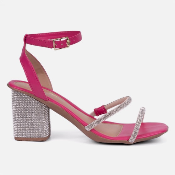Sandália Feminina Salto Bloco Com Strass Tiras Brilhantes Rosa