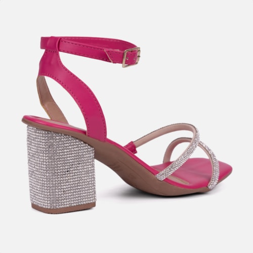 Sandália Feminina Salto Bloco Com Strass Tiras Brilhantes Rosa