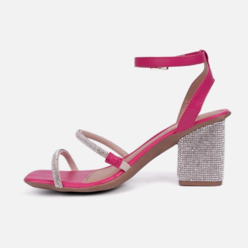 Sandália Feminina Salto Bloco Com Strass Tiras Brilhantes Rosa