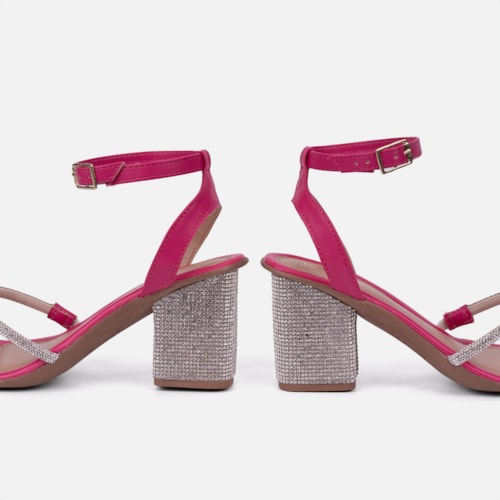Sandália Feminina Salto Bloco Com Strass Tiras Brilhantes Rosa