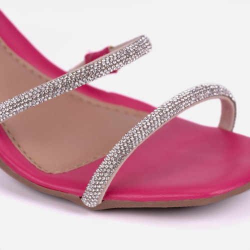 Sandália Feminina Salto Bloco Com Strass Tiras Brilhantes Rosa