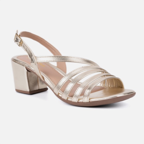 Sandália Feminina Salto Bloco Confortável Tiras Elegantes Moda Dourado