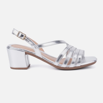 Sandália Feminina Salto Bloco Confortável Tiras Elegantes Moda Prata
