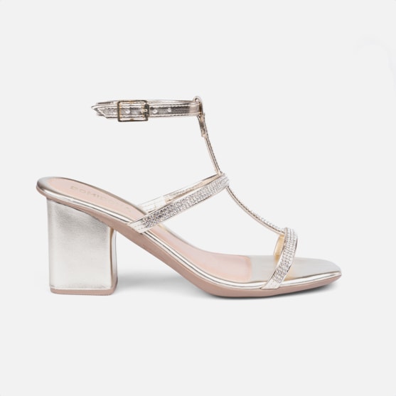 Sandália Feminina Salto Bloco E Tiras Finas Em Strass Dourada