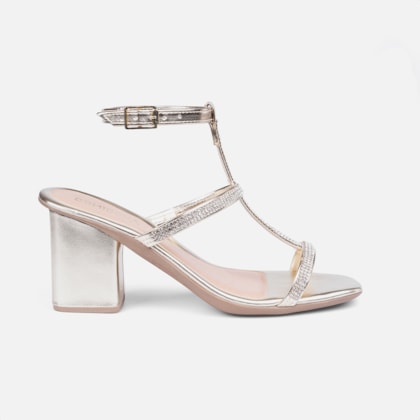 Sandália Feminina Salto Bloco E Tiras Finas Em Strass Dourada