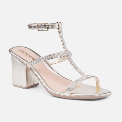 Segunda imagem do produto Sandália Feminina Salto Bloco E Tiras Finas Em Strass Dourada