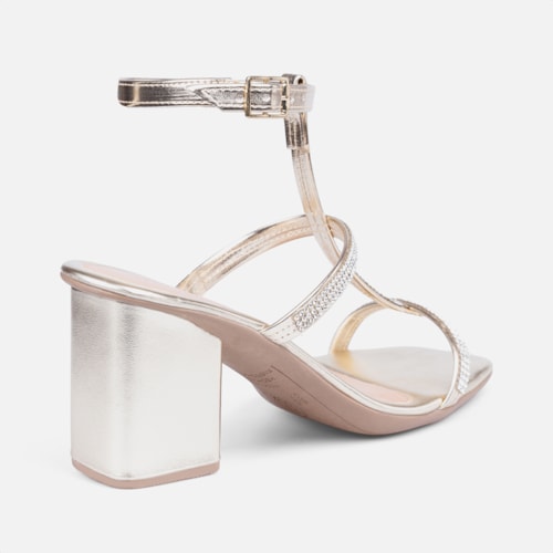 Sandália Feminina Salto Bloco E Tiras Finas Em Strass Dourada